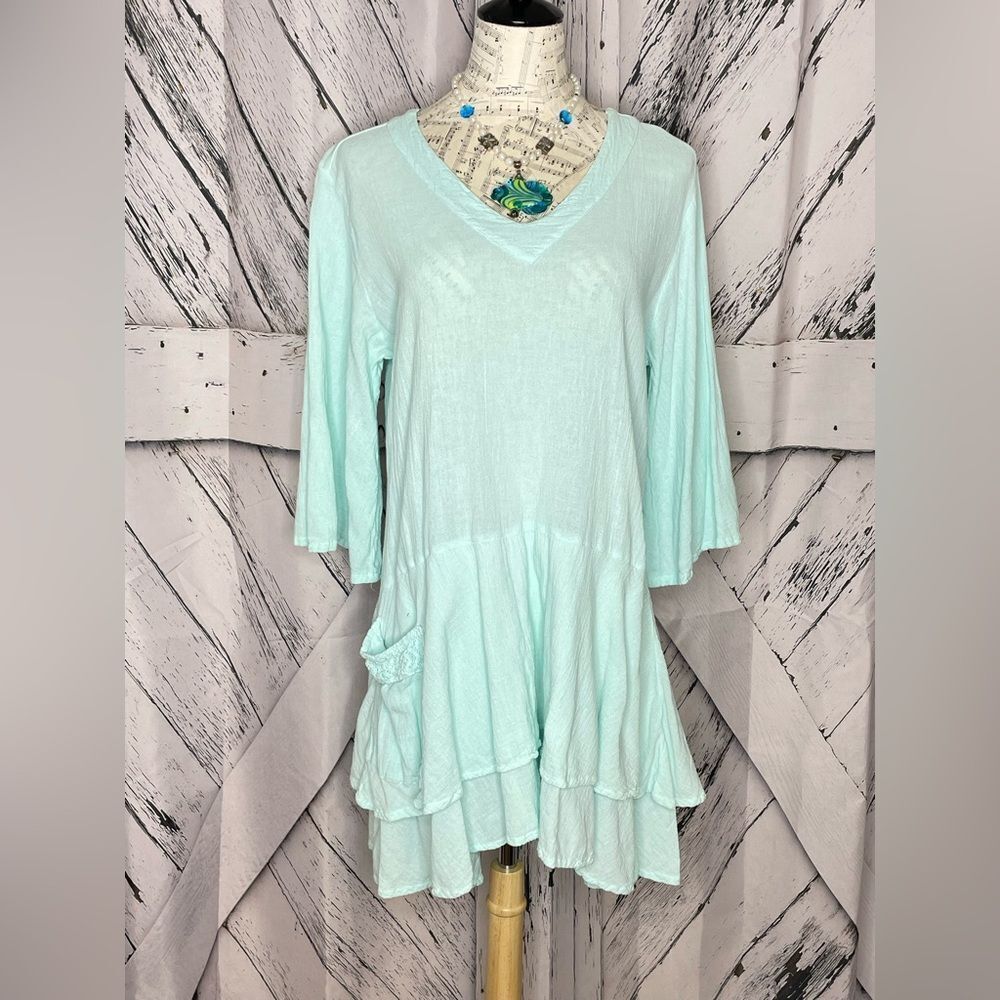 Cottonways Tiered Dress Mint Green Bell Sleeves M